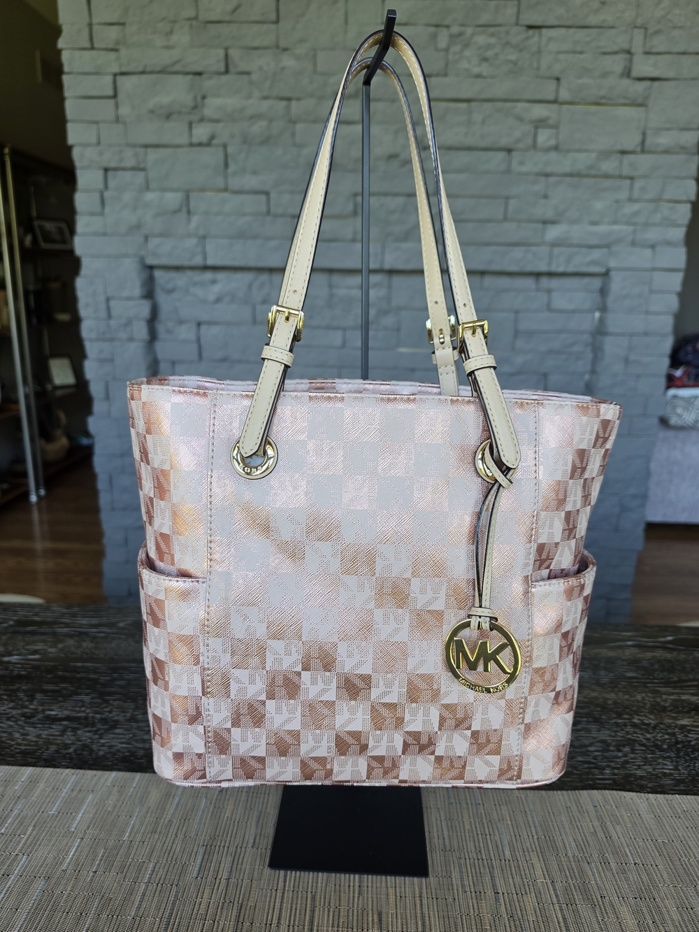 Michael Kors Rose Metallic Signature Checkered Tote Bag with Gold MK Charm